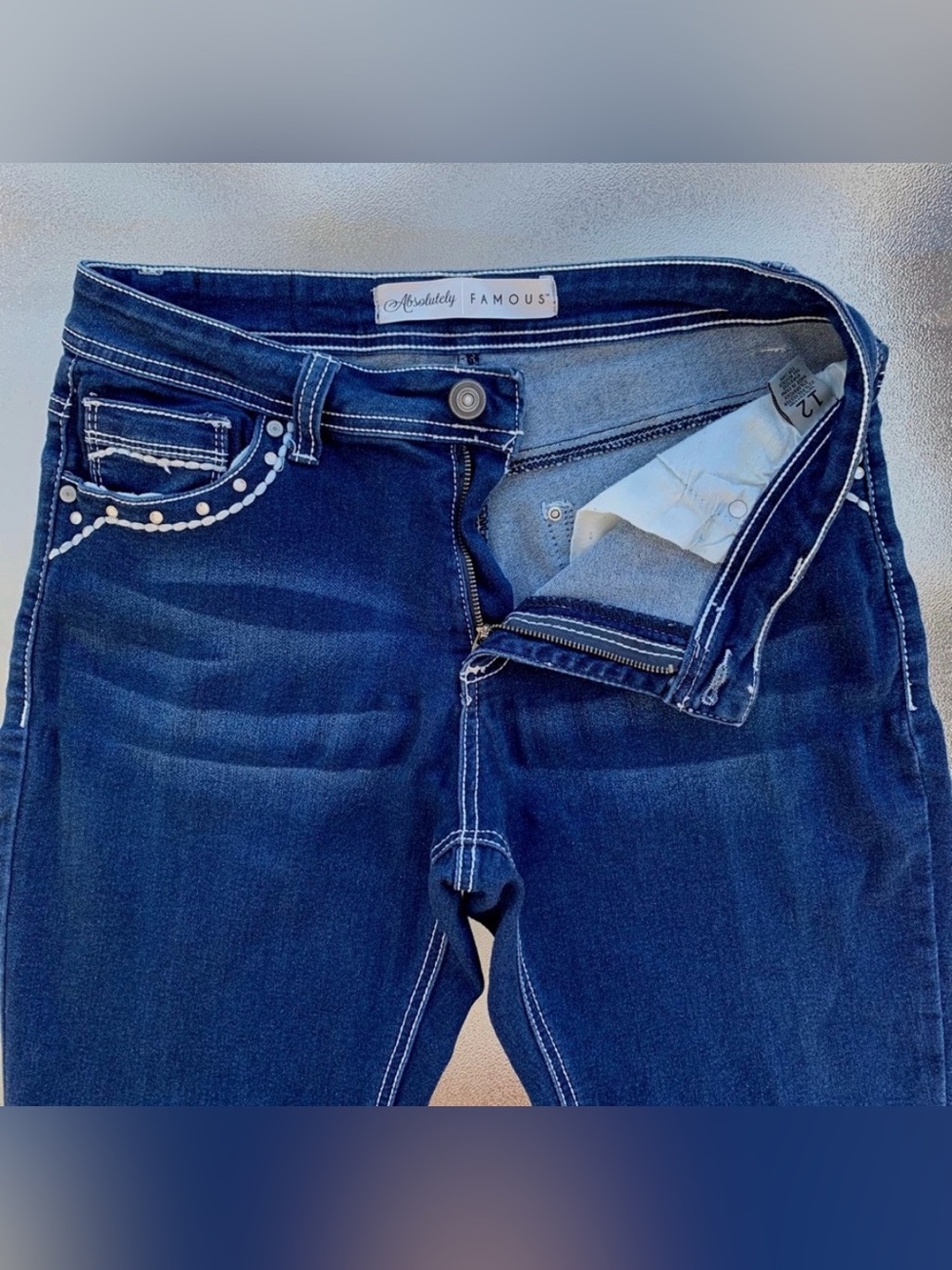 Absolutely Famous Blue Bling Embellished Straight Leg Jeans ~ Women’s 12 - Picture 4 of 8